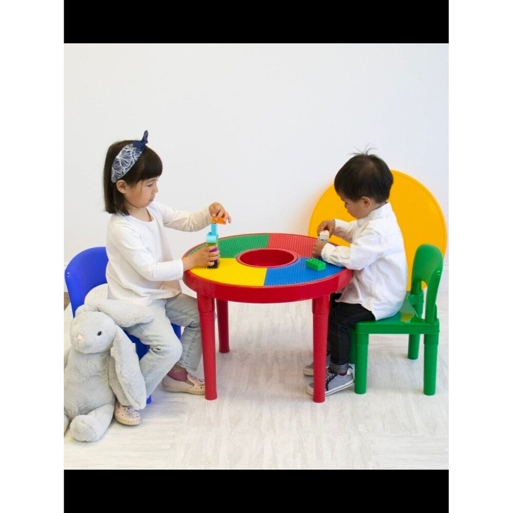 Kids 2-in-1 Plastic Building Blocks-Compatible Activity Table and 2 Chairs Set,